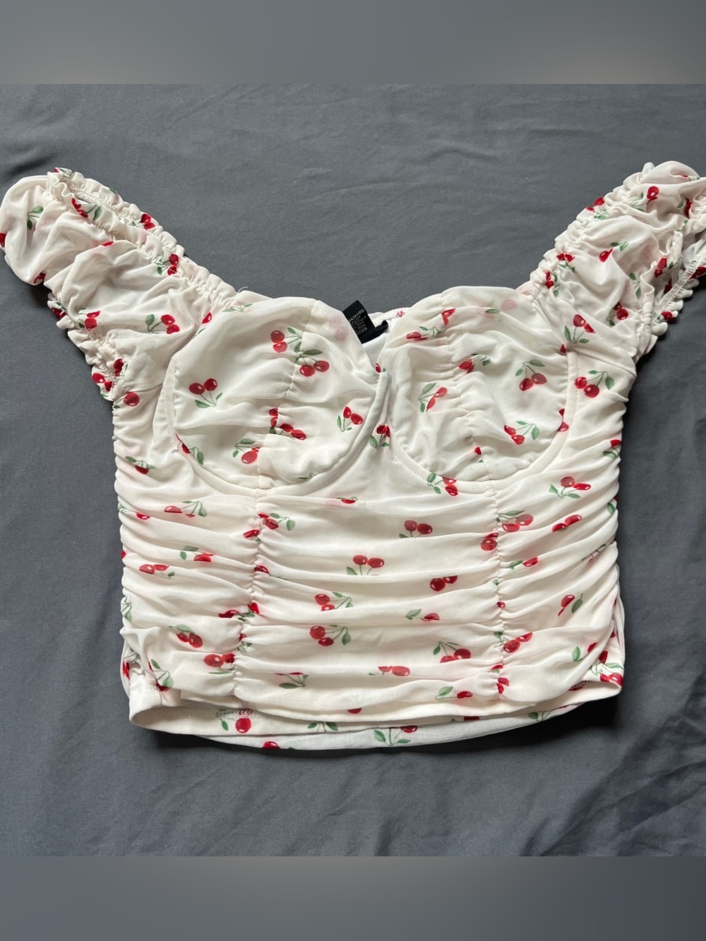Rue 21 Women Junior Medium Crop Tank Top Cherry Print Underwire Off Shoulder Y2K
